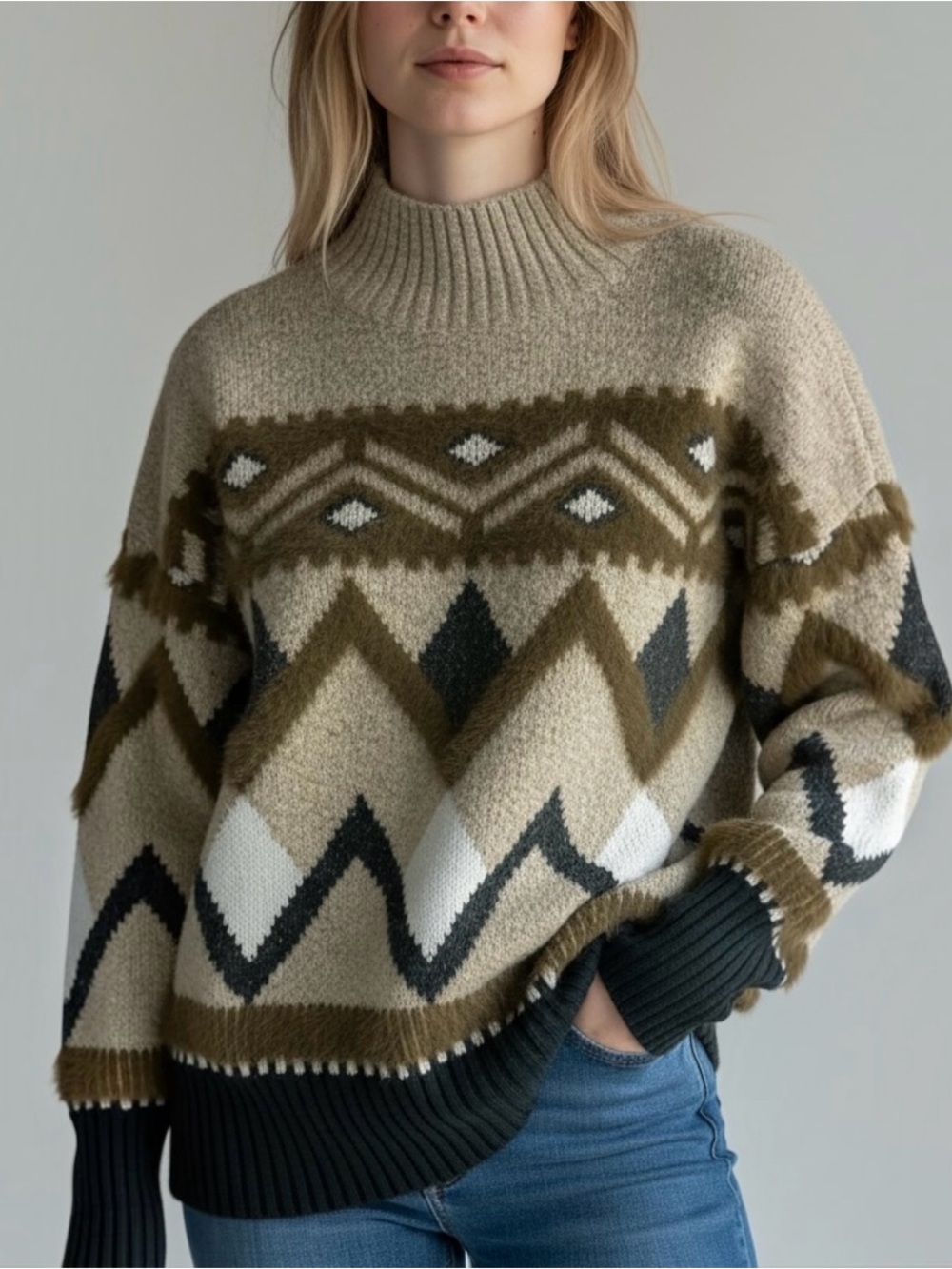 A.N.A Fair Isle Textured Alpine Knit
Olive Taupe Turtleneck Sweater Size Small